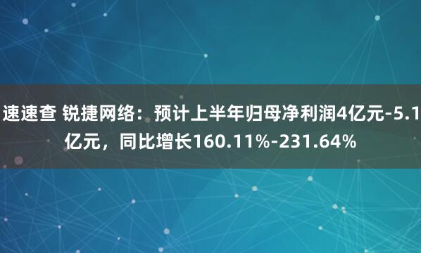 速速查 锐捷网络：预计上半年归母净利润4亿元-5.1亿元，同比增长160.11%-231.64%